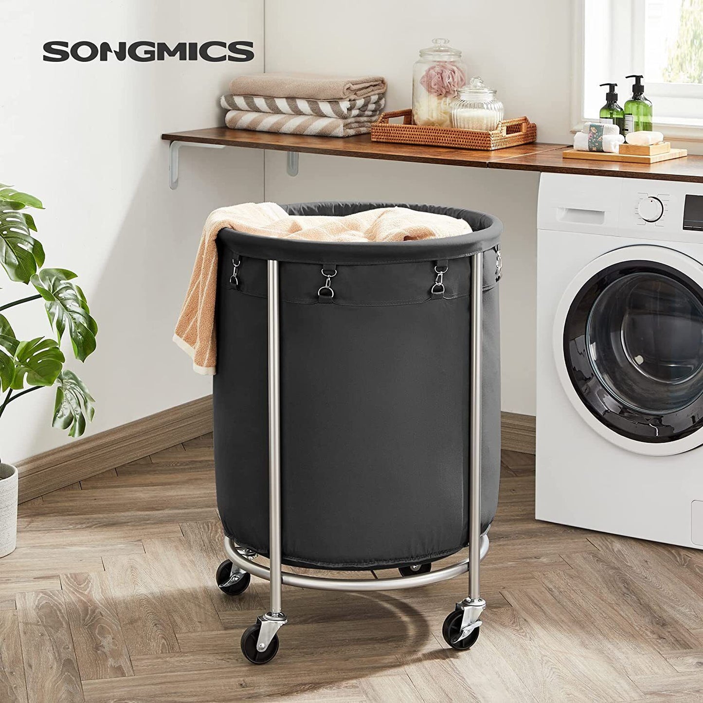 Songmics Laundry Basket with Wheels with Steel Frame and Removable Bag Black