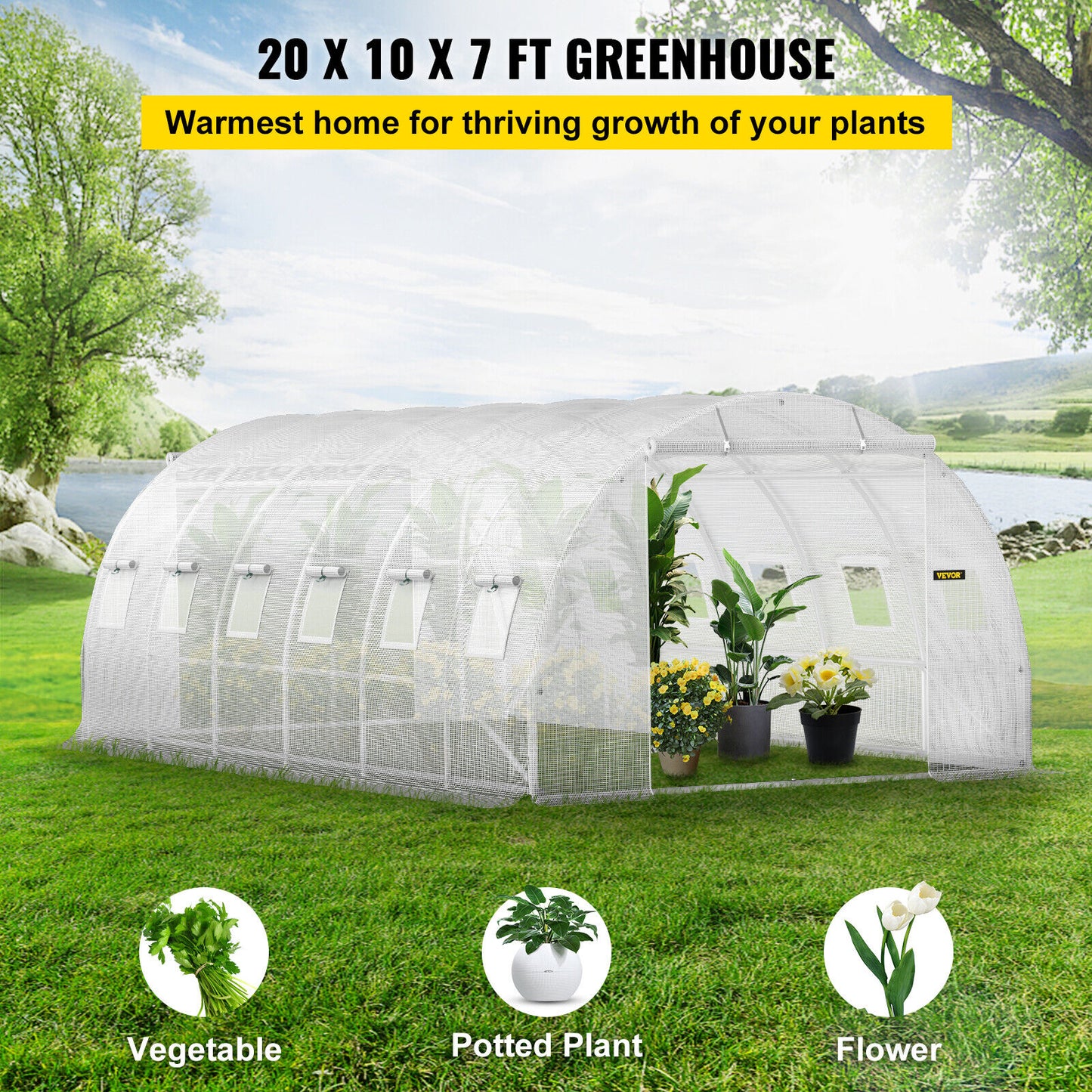 VEVOR Walk-in Tunnel Greenhouse Galvanized Frame & Waterproof 20x10x7ft