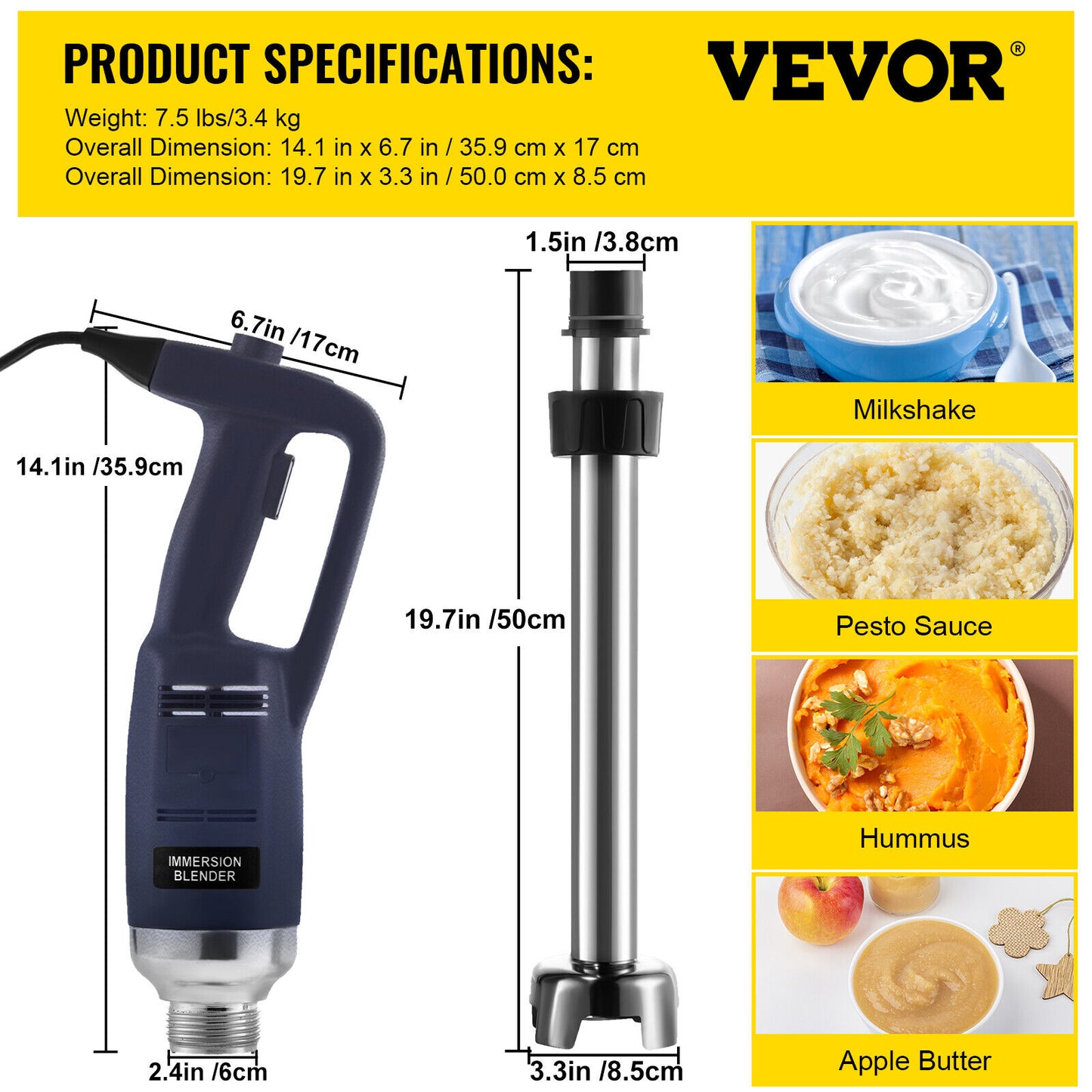 VEVOR Commercial Handheld Blender 350W Fixed Speed Stainless Steel 500mm Stick