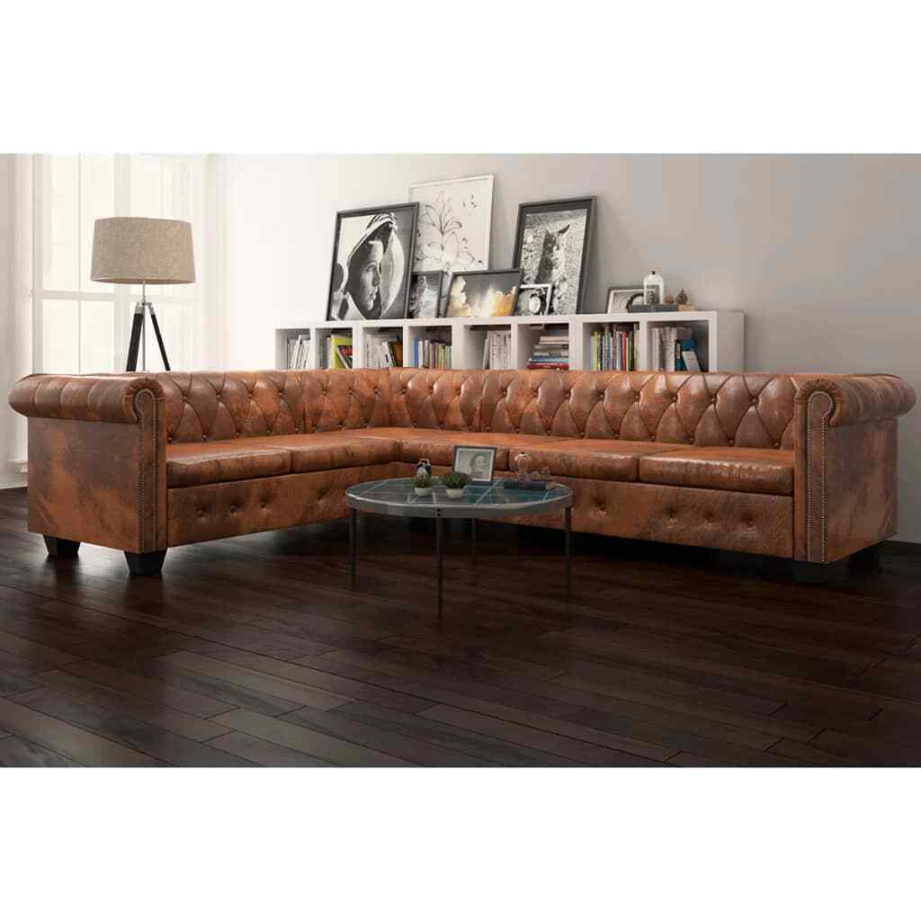 L-Shaped 6-Seater Corner Sofa Faux Leather Elegant Lounge Chesterfield Couch