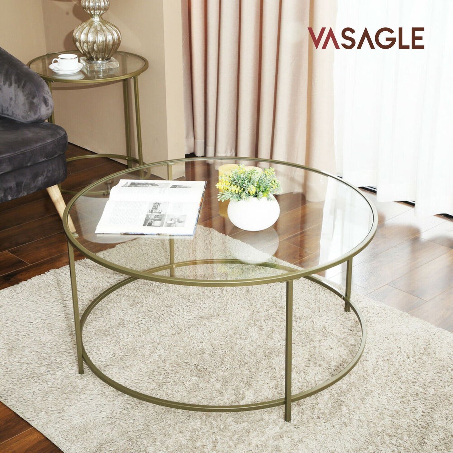 Vasagle Round Tempered Glass Coffee Table Side Table Sofa Table Metal Frame