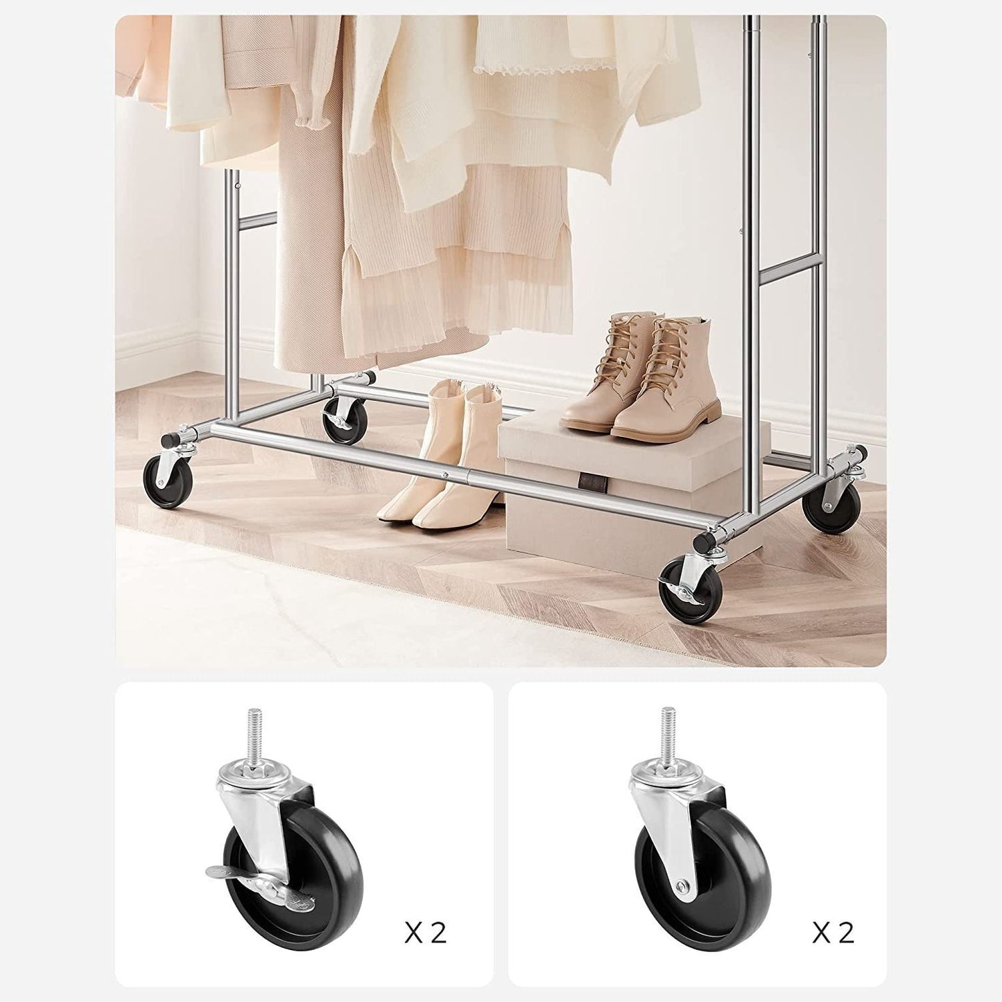 Metal Clothes Rack Stand on Wheels Heavy Duty Silver