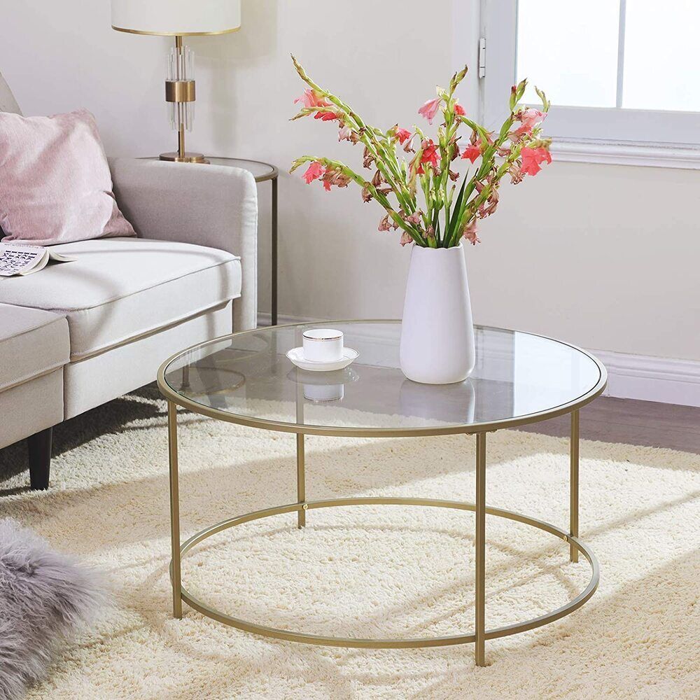 Vasagle Round Tempered Glass Coffee Table Side Table Sofa Table Metal Frame