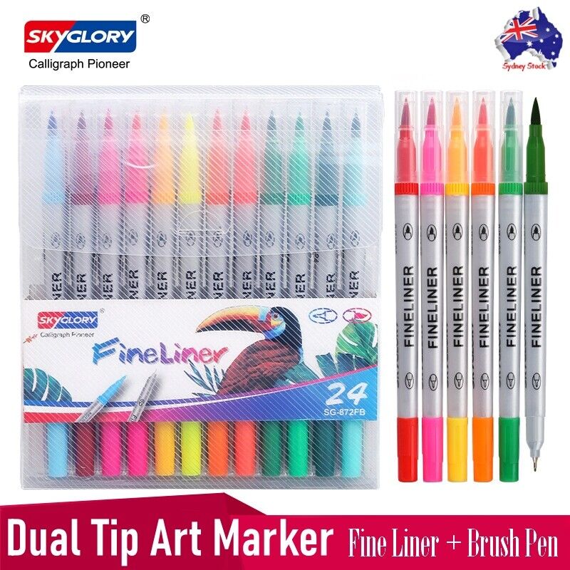 24 Colors Dual Tip Art Markers Brush Pens & Fine Liner Graphic Drawing Sketching