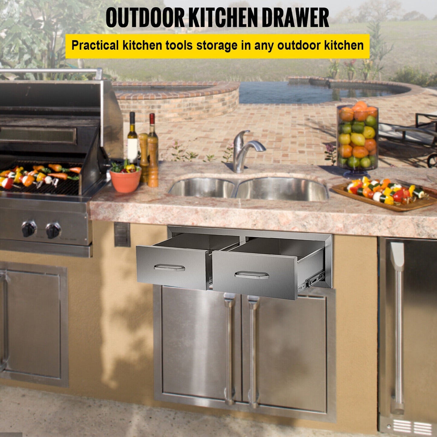 BBQ Drawer 30x20x10" Double Horizontal Drawers Flush Style Outdoor Kitchen