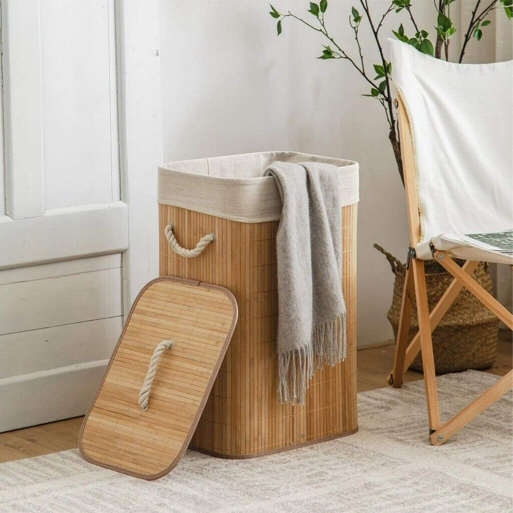 Bamboo Laundry Hamper Basket Wicker Clothes Storage Bag Sorter Bin With Lid