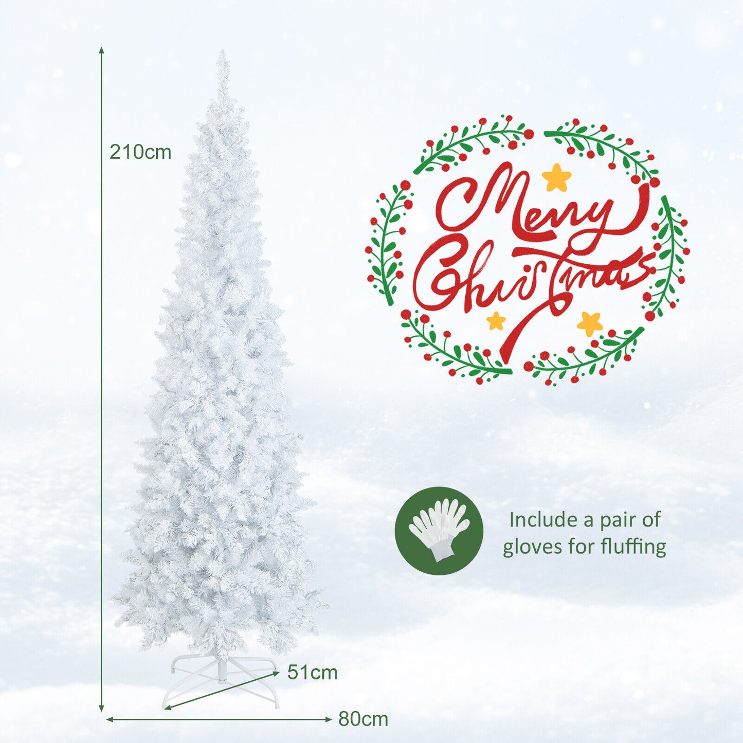 2.1M Pre-Lit White Christmas Tree Slim Pencil Artificial Hinged Xmas Tree Xmas