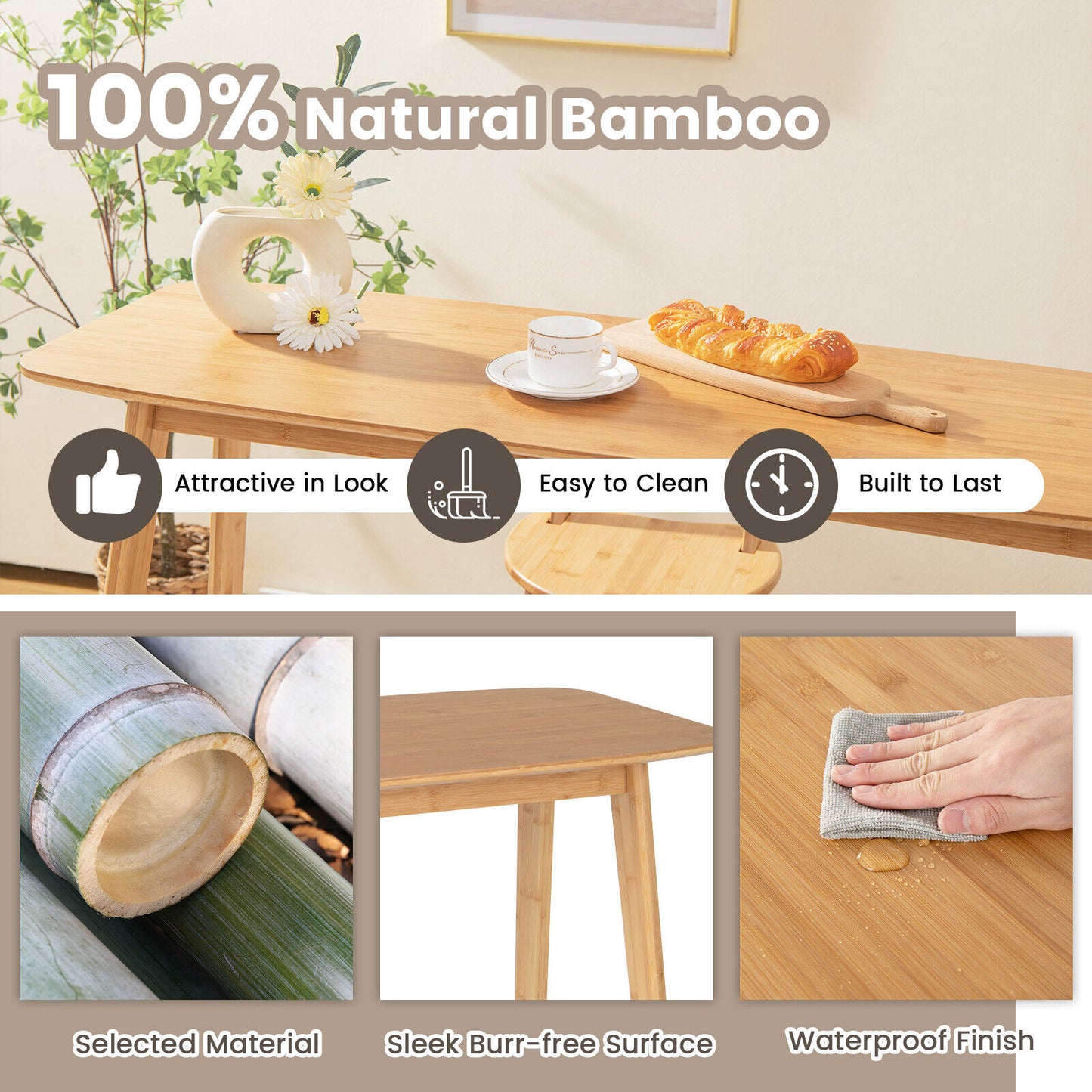 Giantex 120cm Bamboo Bar Table High Top Dining Cocktail Table Rectangular