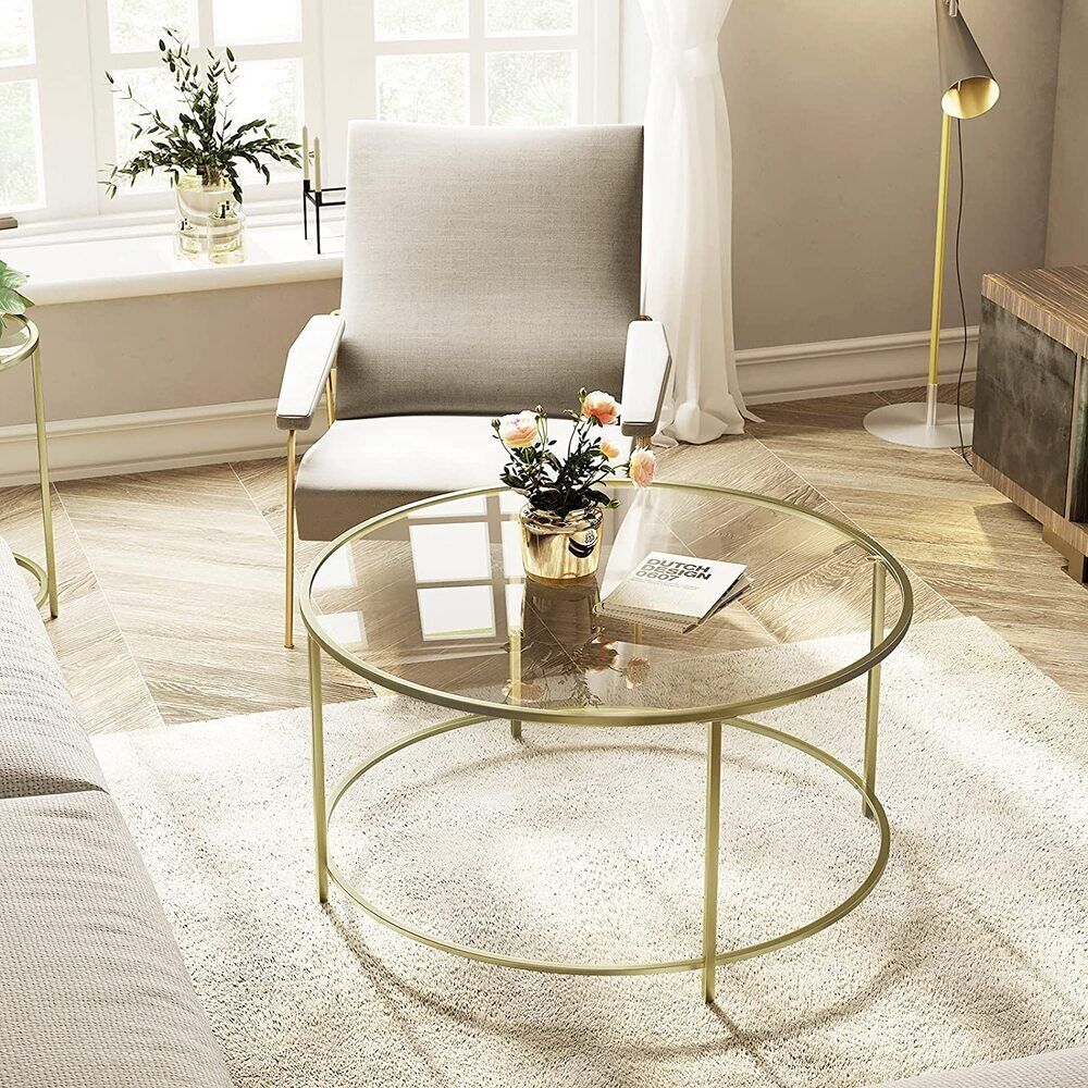 Vasagle Round Tempered Glass Coffee Table Side Table Sofa Table Metal Frame