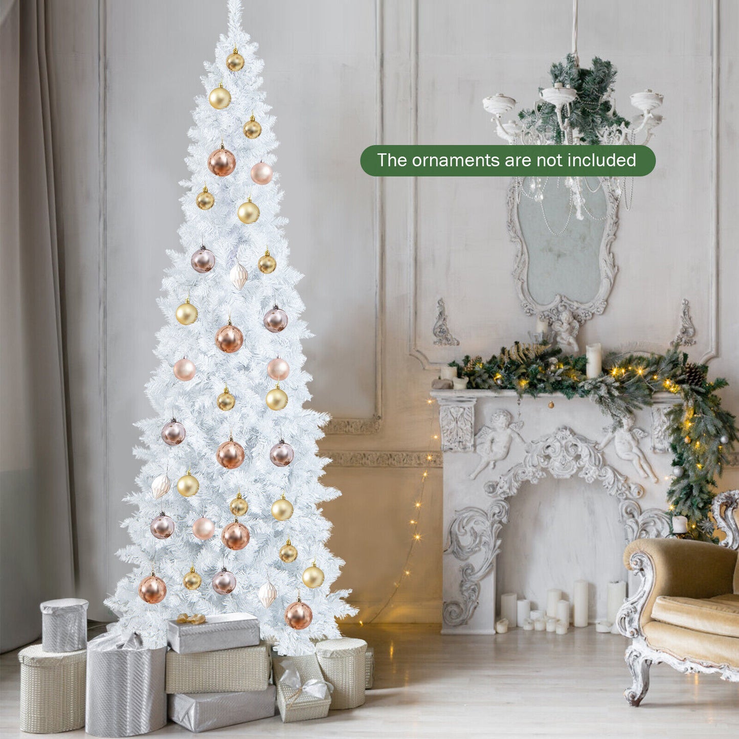 2.1M Pre-Lit White Christmas Tree Slim Pencil Artificial Hinged Xmas Tree Xmas