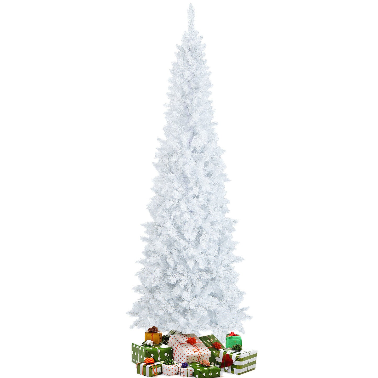 2.1M Pre-Lit White Christmas Tree Slim Pencil Artificial Hinged Xmas Tree Xmas