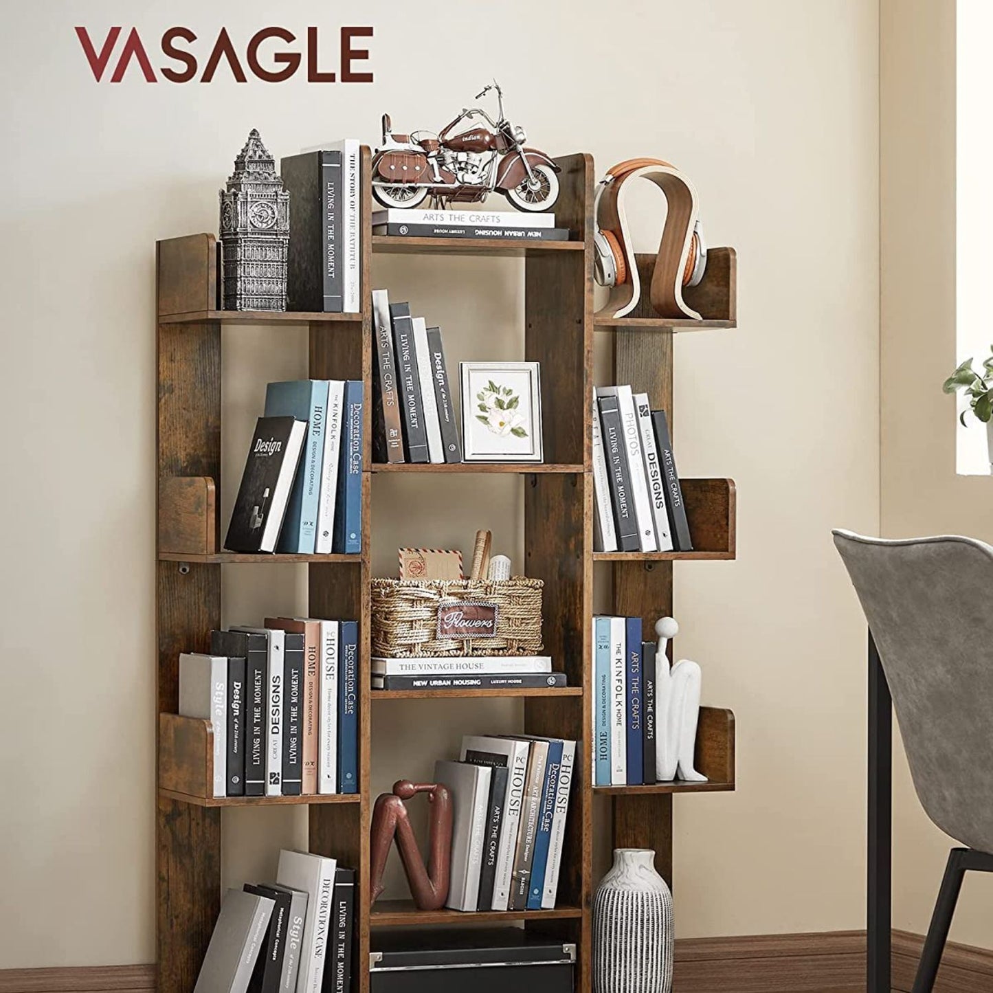 Vasagle Tree-Shaped Bookcase with 13 Storage Shelves Rounded Corners Brown