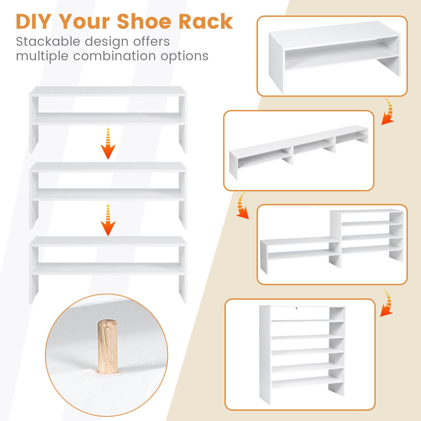 3 PCS Stackable Shoe Rack Horizontal Organiser 2-tier Storage Shelf White