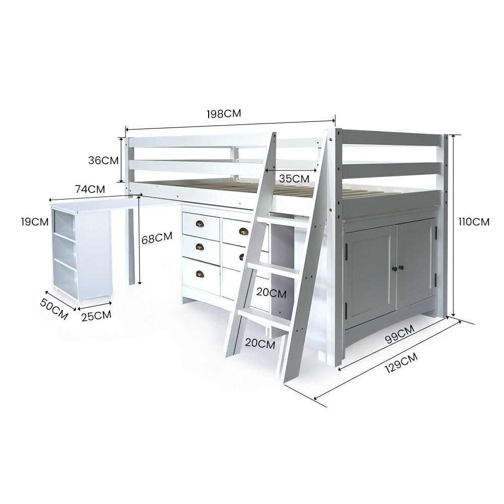 KINGSTON SLUMBER Wooden Kids Single Loft Bed Frame Desk Drawers Cabinet