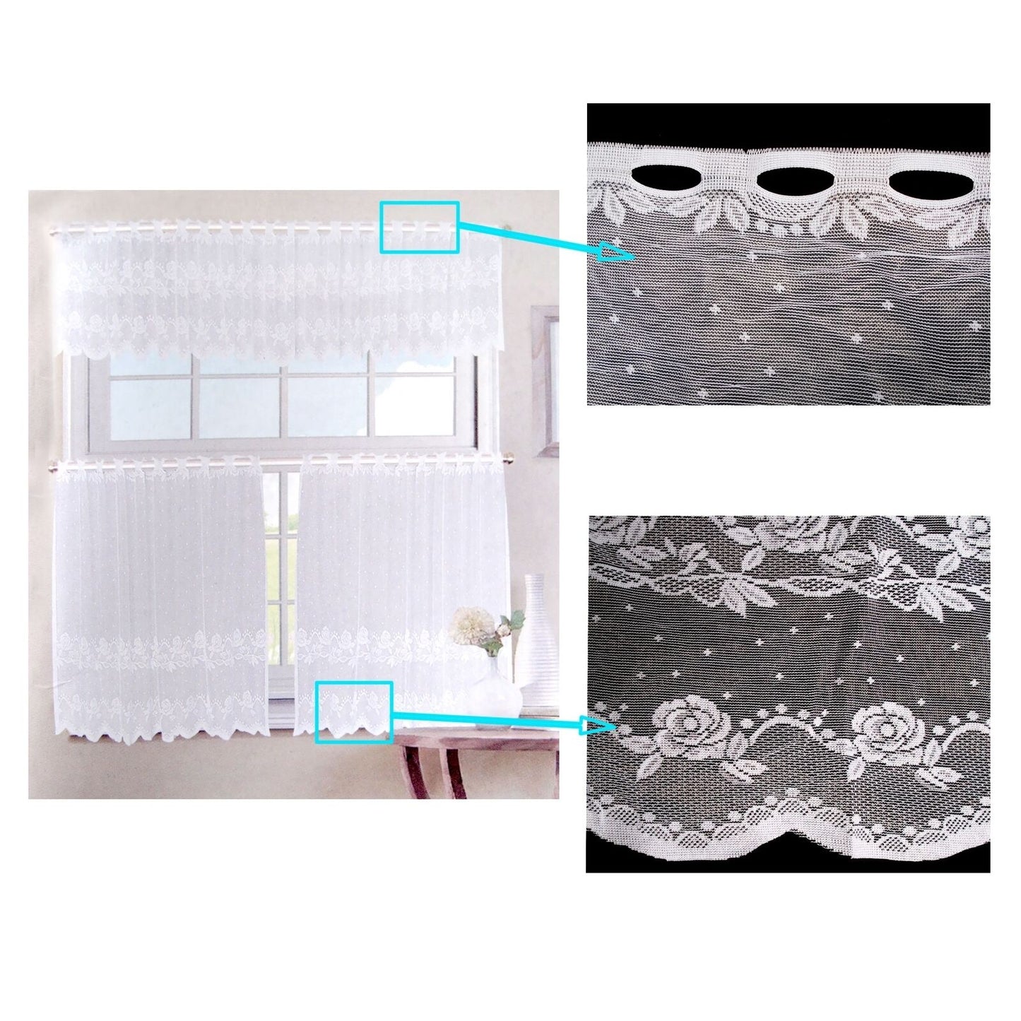 3 Pce Cafe White Rose Lace Kitchen Window Curtain Set