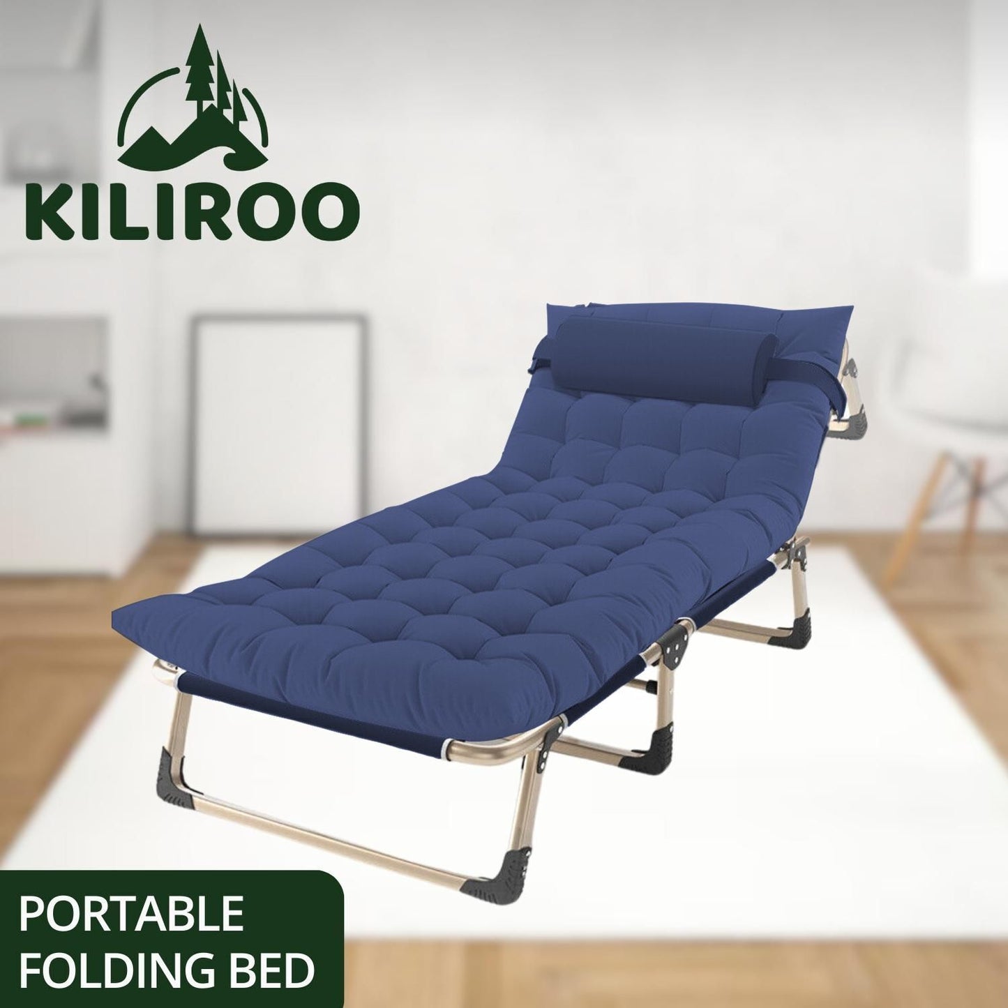 Kiliroo Adjustable Portable Folding Bed with Mattress and Headrest Blue