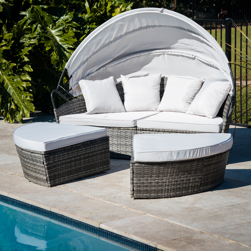 LONDON RATTAN Day Bed Daybed Sofa Garden Wicker Round Grey