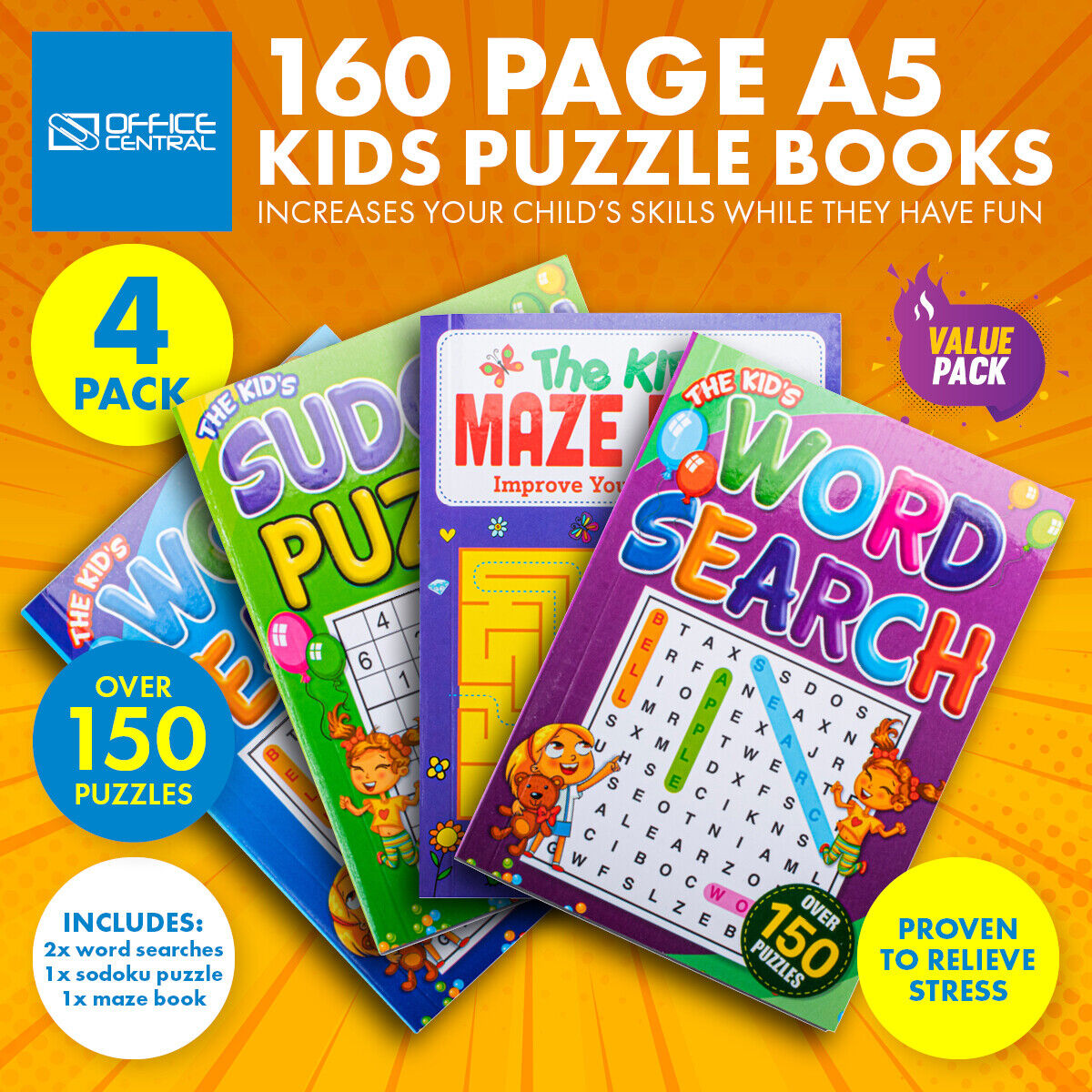 4PK Kids Puzzle Books Word Search Mazes Puzzles Activities Fun Learning A5